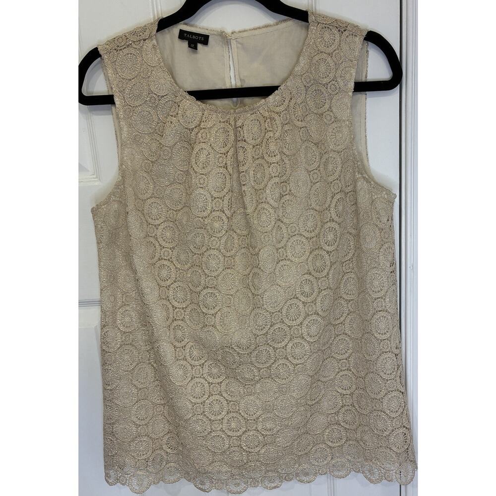Talbots Women’s Size 12 Metallic Gold Lace Overlay Sleeveless Blouse Lined